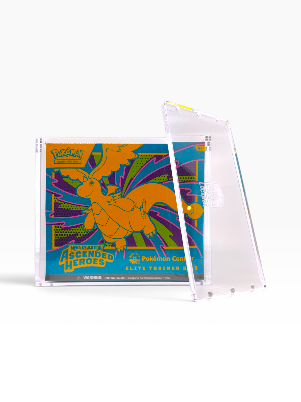 Sealed Pokémon Elite Trainer Box inside a clear acrylic case with magnetic lid