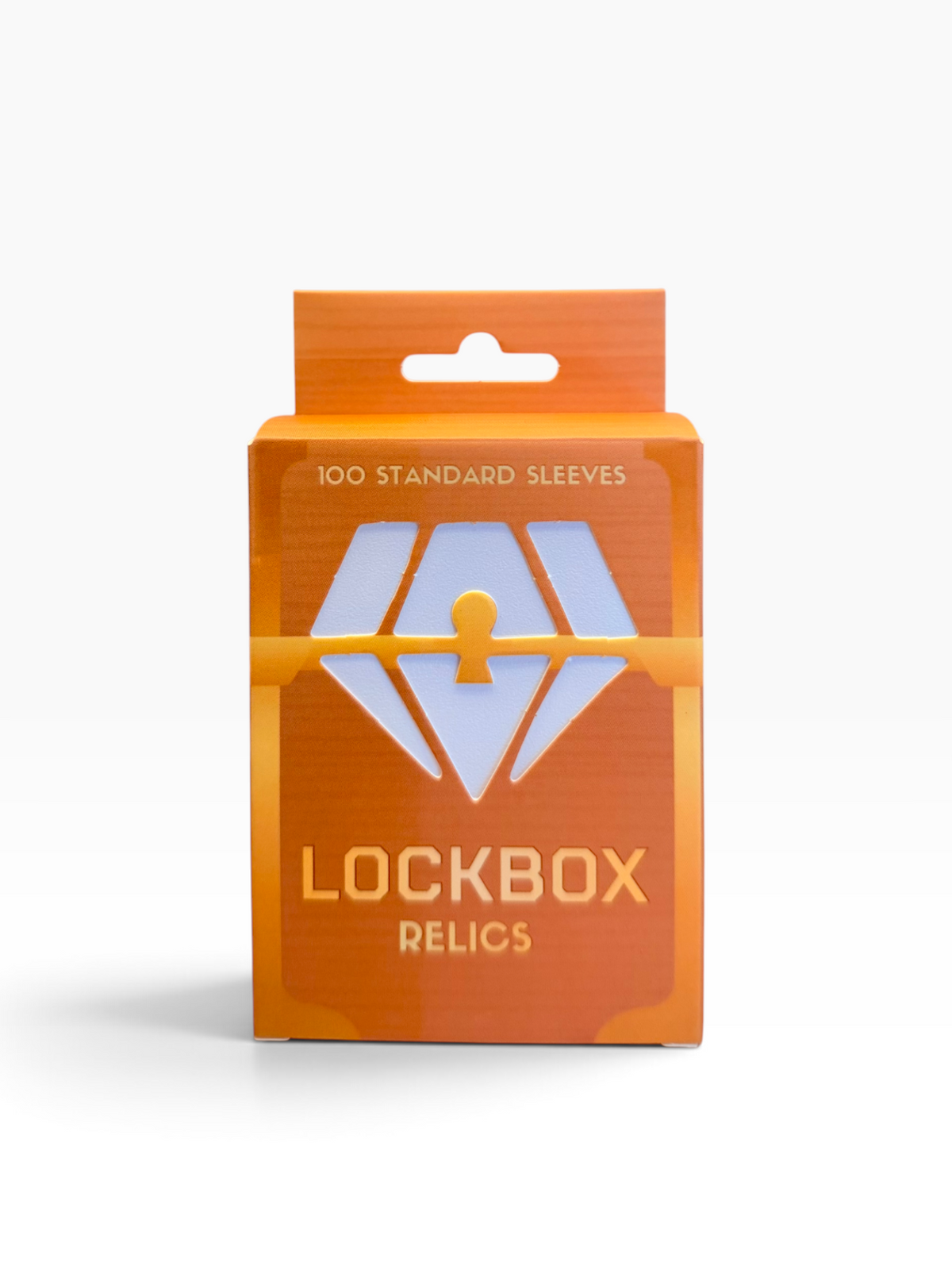 A retail package of Lockbox Relics containing 100 standard sleeves, shown on a clean white background with a soft shadow.