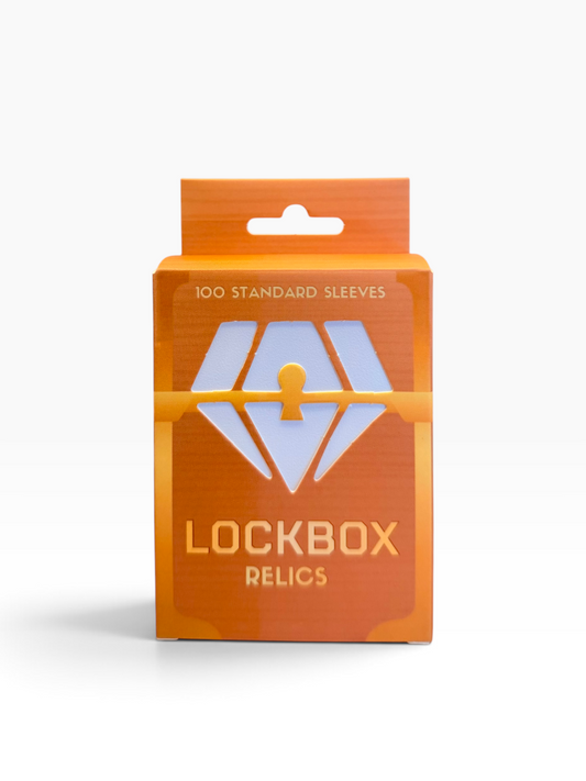 A retail package of Lockbox Relics containing 100 standard sleeves, shown on a clean white background with a soft shadow.