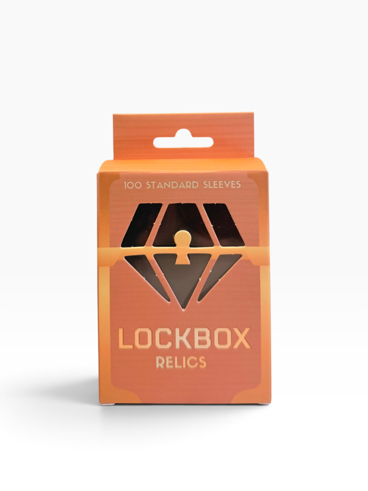 A retail package of Lockbox Relics containing 100 standard sleeves, shown on a clean white background with a soft shadow.