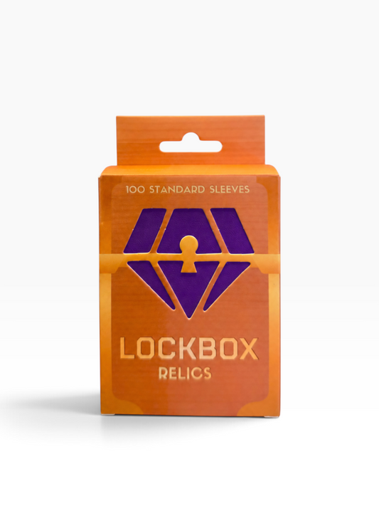 A retail package of 'Lockbox Relics' containing 100 standard sleeves, featuring a metallic orange and purple box with a diamond-shaped keyhole logo.