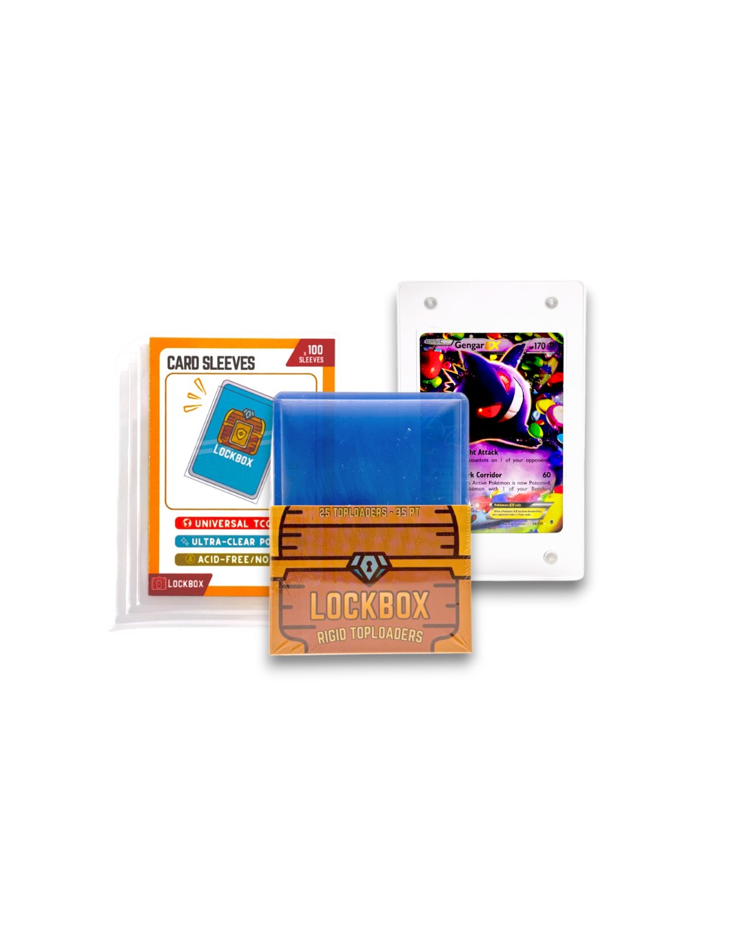 LockboxTCG collector starter pack featuring 100 card sleeves, 25 rigid top loaders, and a protective card case for use to display and safekeep pokemon, onepiece, riftbound, and magic the gathering cards.