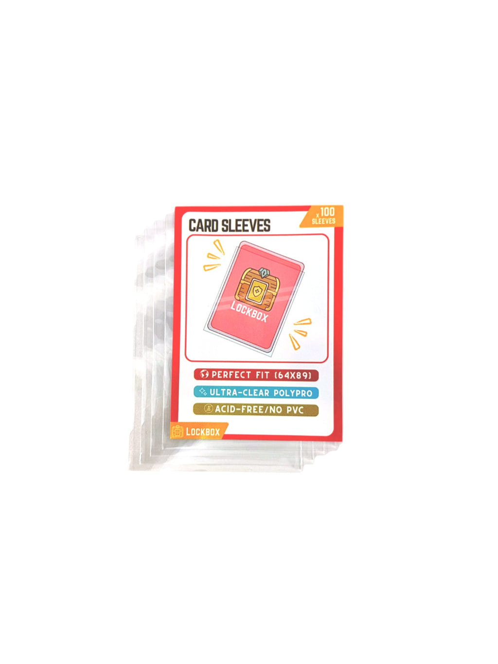 LockboxTCG Perfect Fit Sleeves 100 pack of ultra-clear, acid-free card protectors for standard TCGs like Pokemon, Onepiece, and Riftbound.